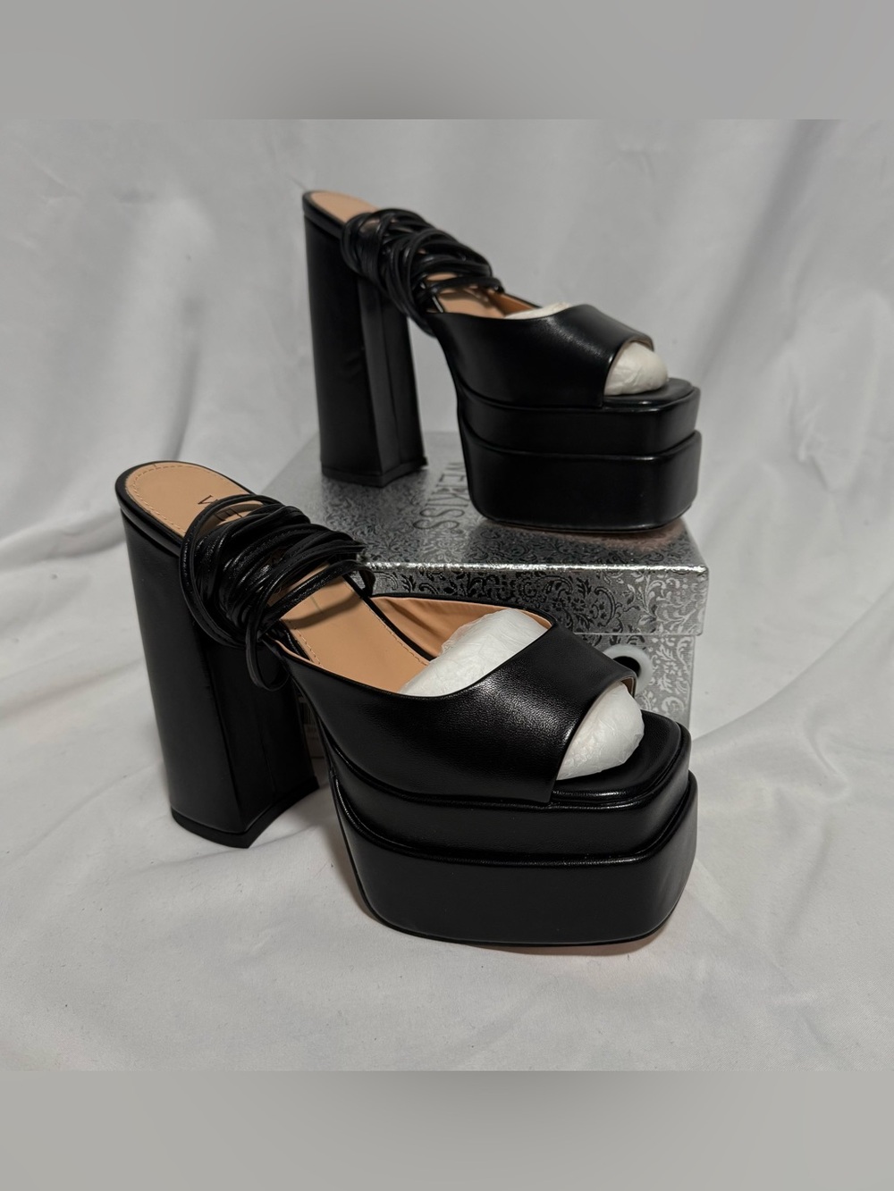 Romantic Grunge Goth Black Lace-Up Platform Mule Heels Size 8 Wetkiss